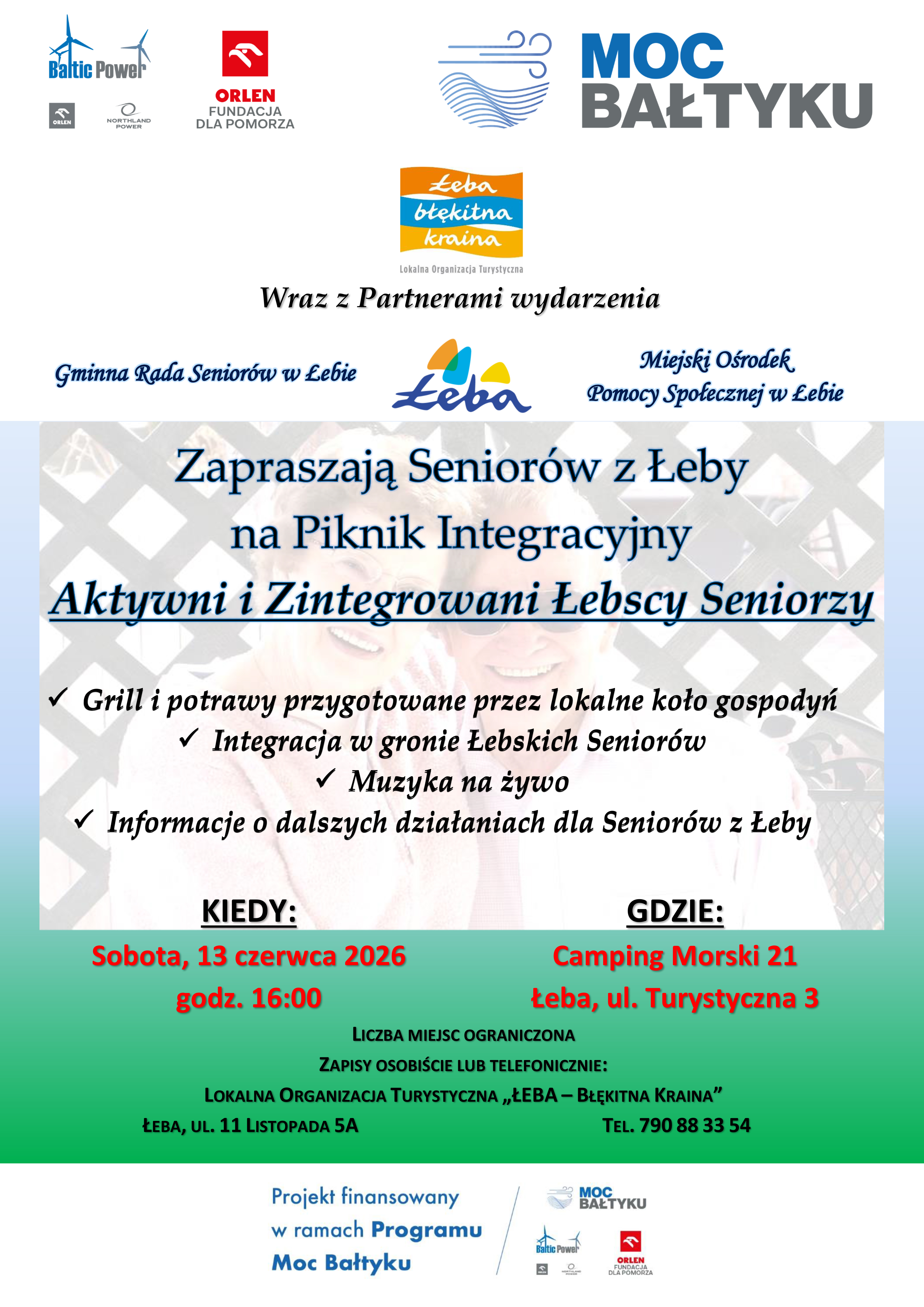 Plakat zapraszający Seniorów z Łeby na Piknik Integracyjny Aktywni i Zintegrowani Łebscy Seniorzy, sobota 13 czerwca 2026 roku.